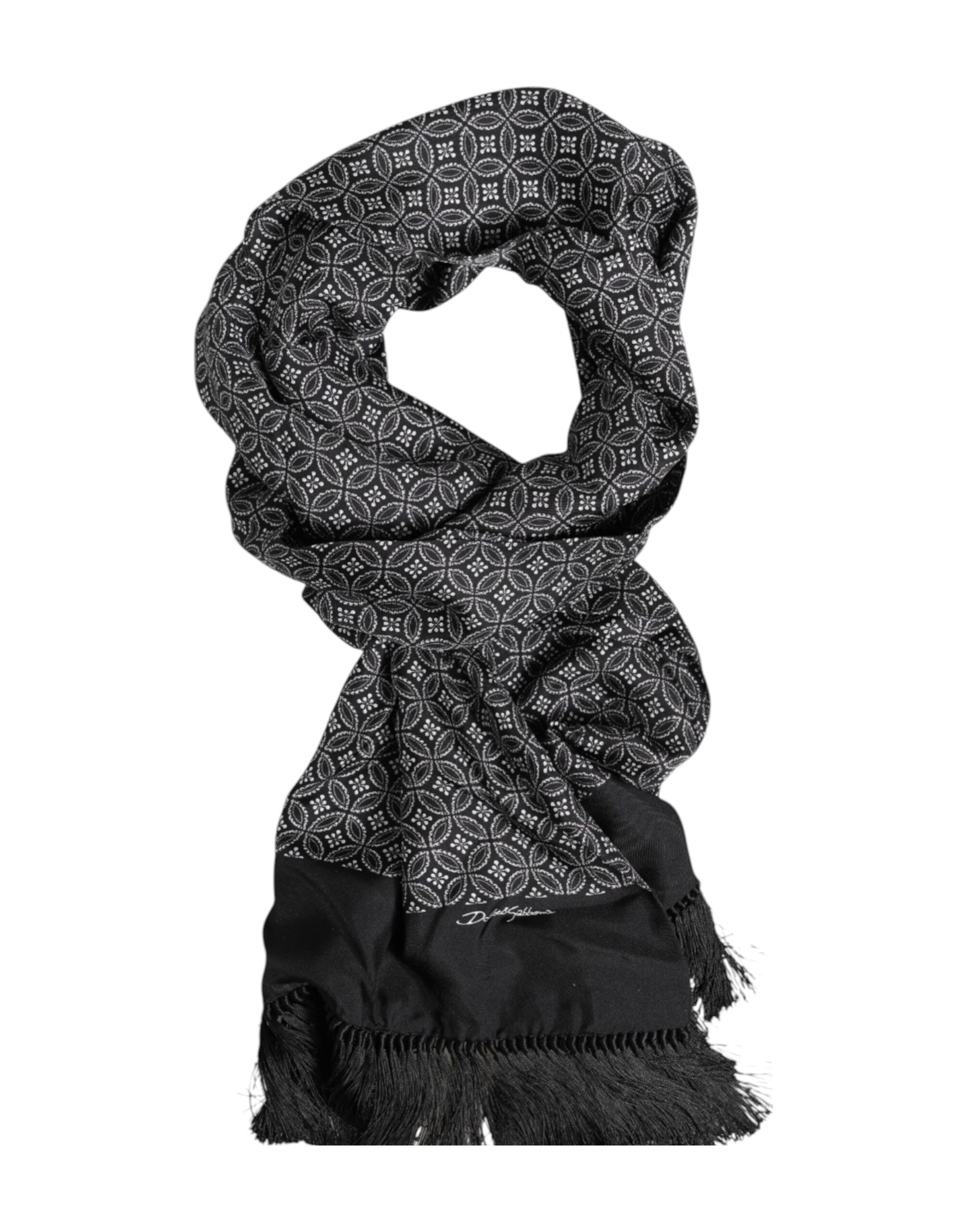 Dolce & Gabbana Black Patterned Fringes Men Foulard Scarf